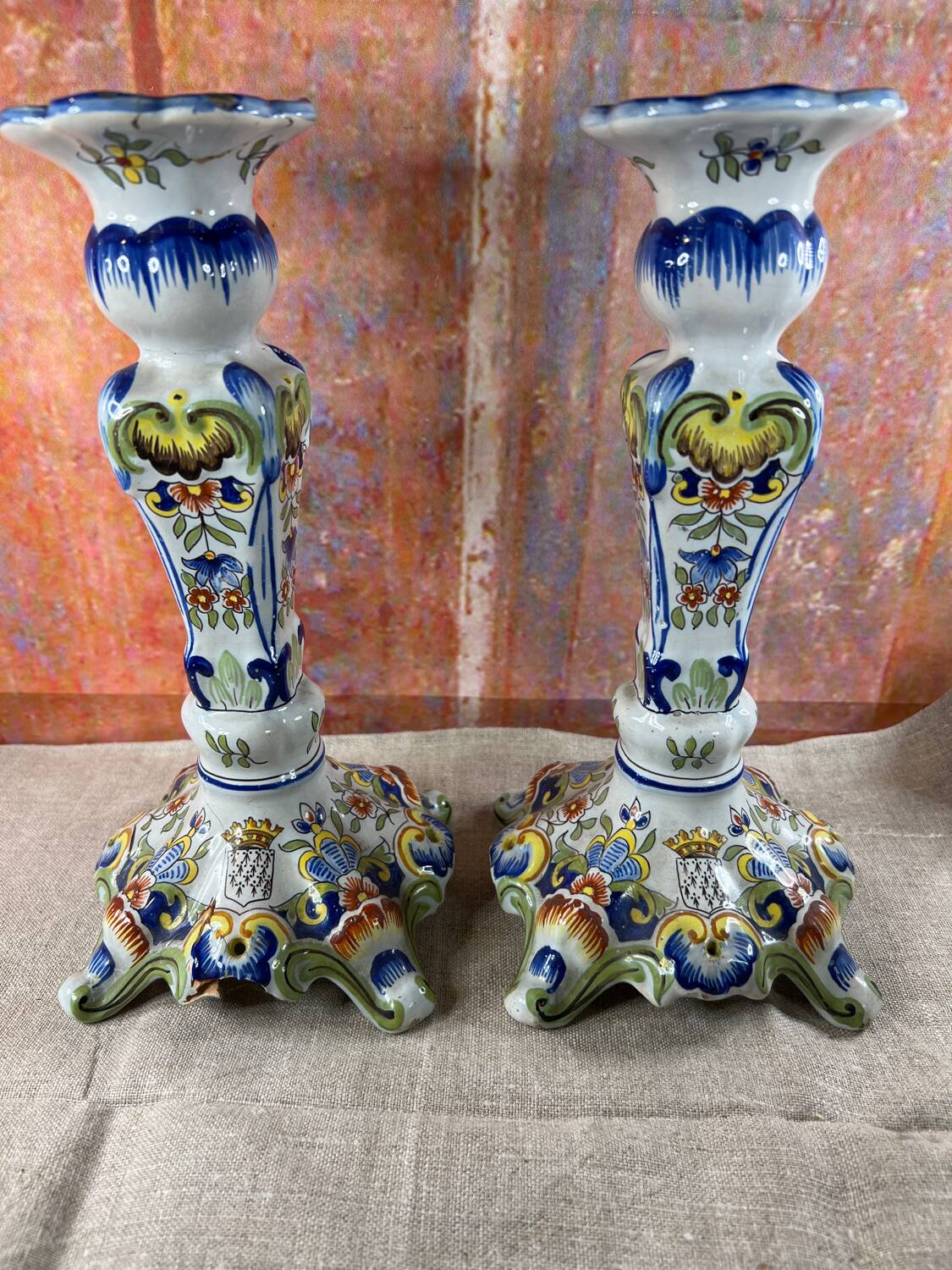 Pair of Desvres earthenware candlesticks