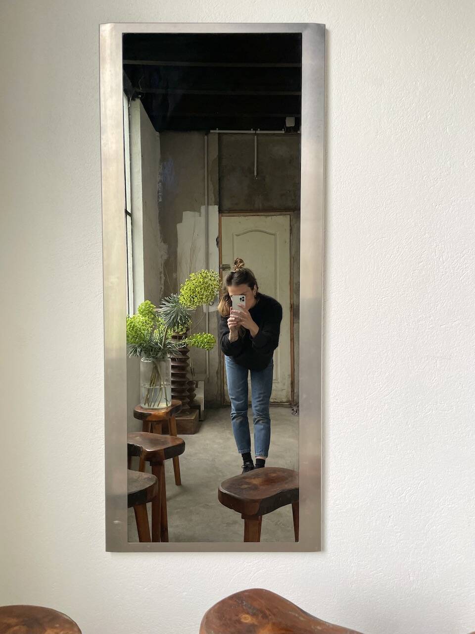 Brushed stainless steel mirror circa François Monnet and Joelle Ferlande