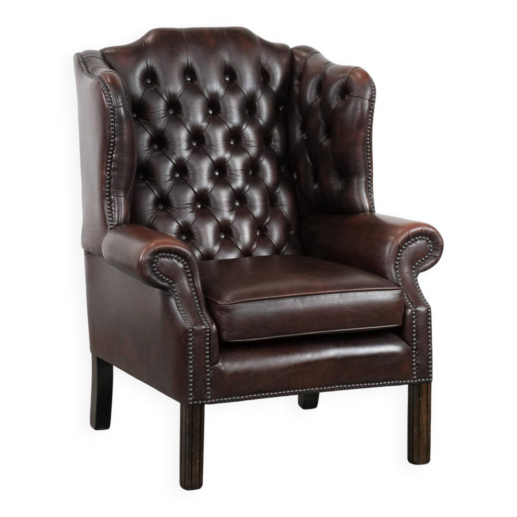 Brown cowhide leather Chesterfield wingback armchair in English style