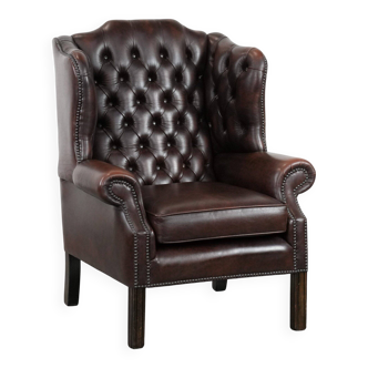 Brown cowhide leather Chesterfield wingback armchair in English style
