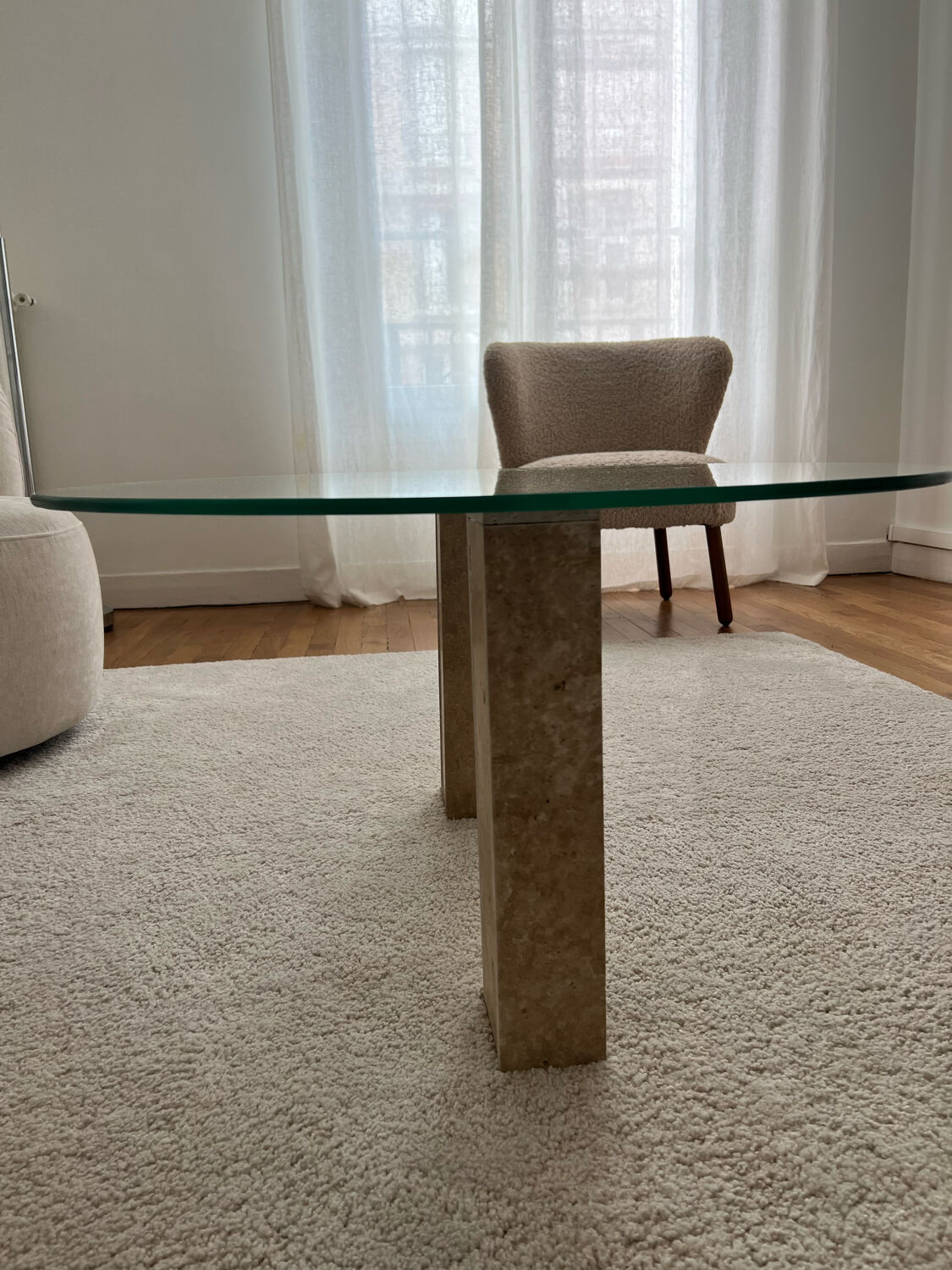 Table basse ronde en verre trempé et effet travertin ø75cm - Ameublement