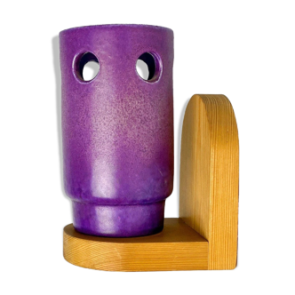 Purple ceramic wall lamp, vintage wall sconce, wooden holder