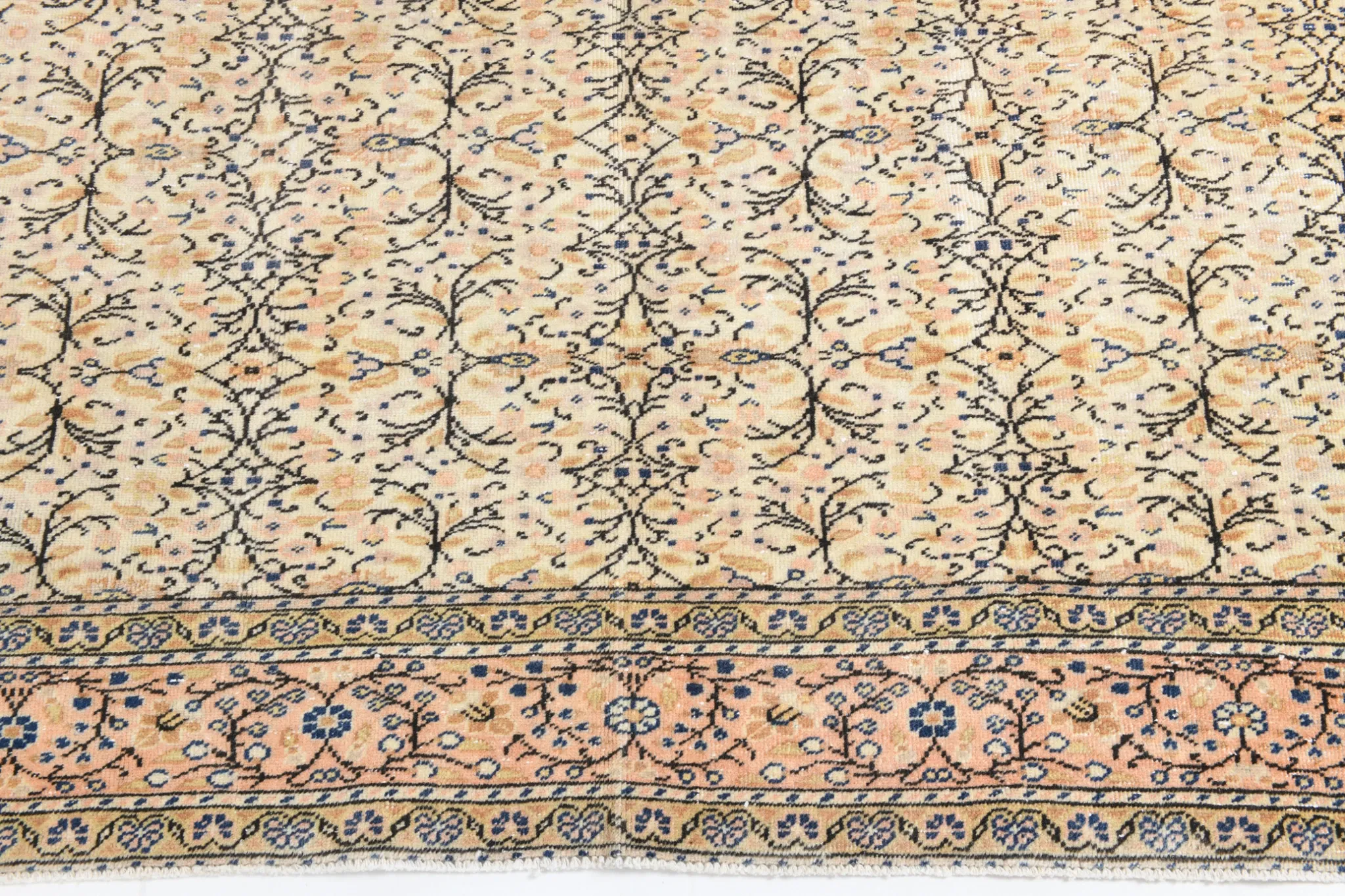 9x13 Vintage Cream Blue Persian Rug, Turkish Handmade Wool Floral Carpet
