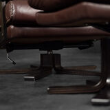 Vintage Mid-Century Scandinavian Modern Brown Leather Executive Swivel Chair & Ottoman, 1970s