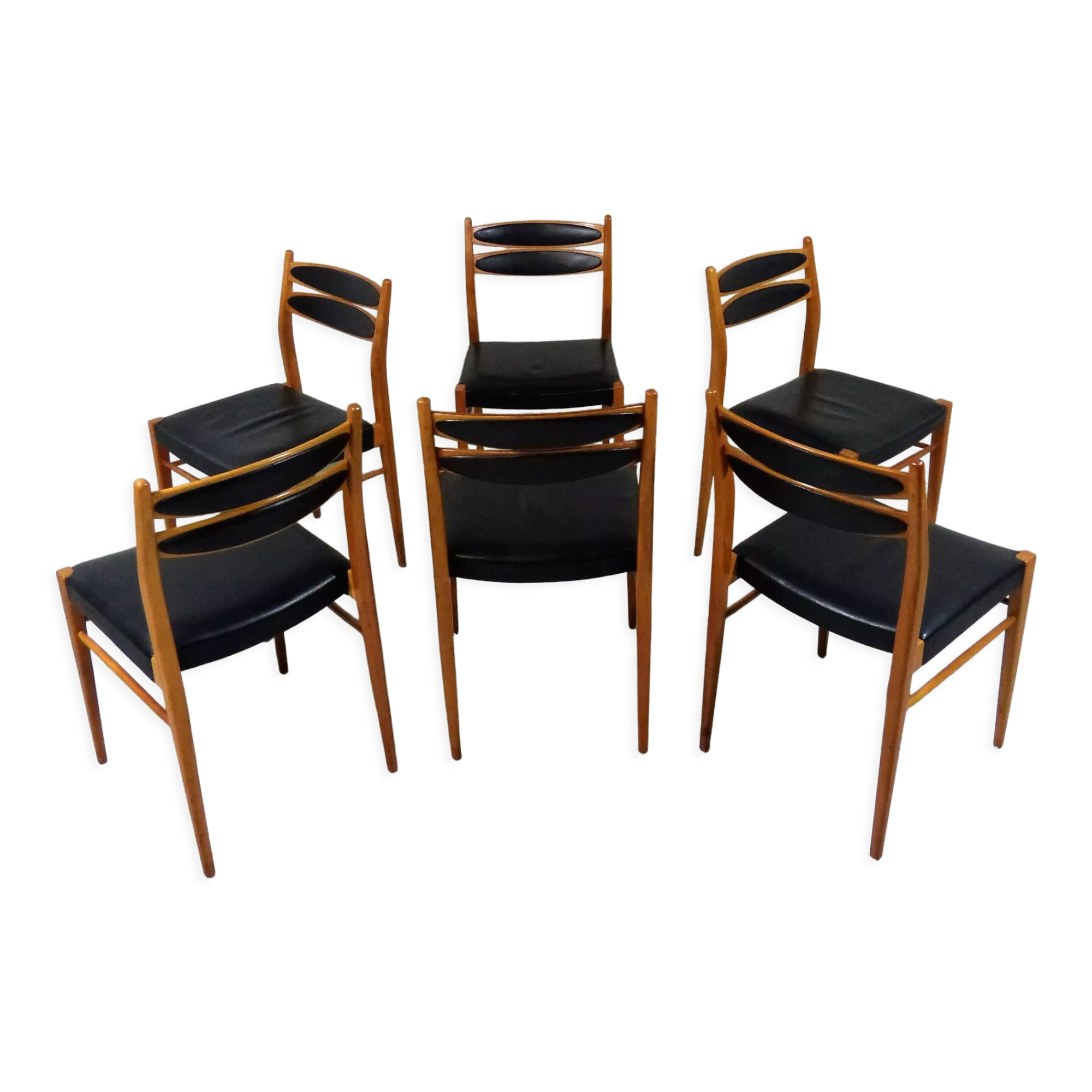 Set of 6 dining chairs in beech & black leather 1960’s
