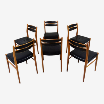 Ensemble de 6 chaises de salle à manger en hêtre et cuir noir des années 1960