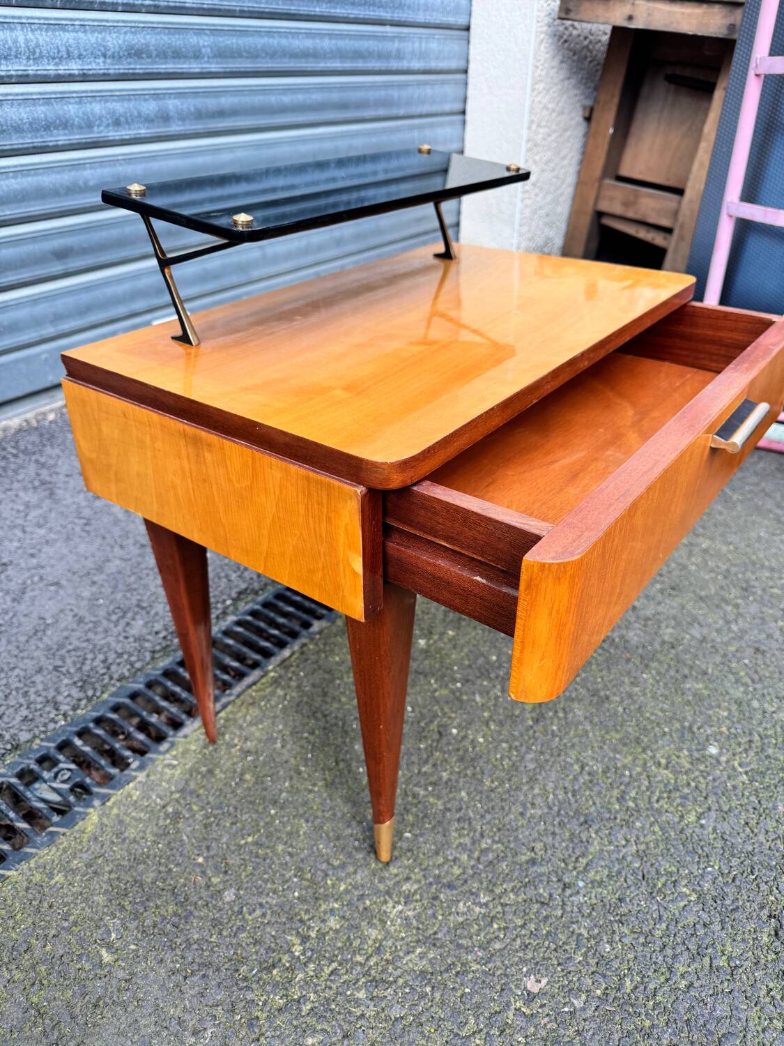 Vintage 1950s varnished glass shelf bedside table.