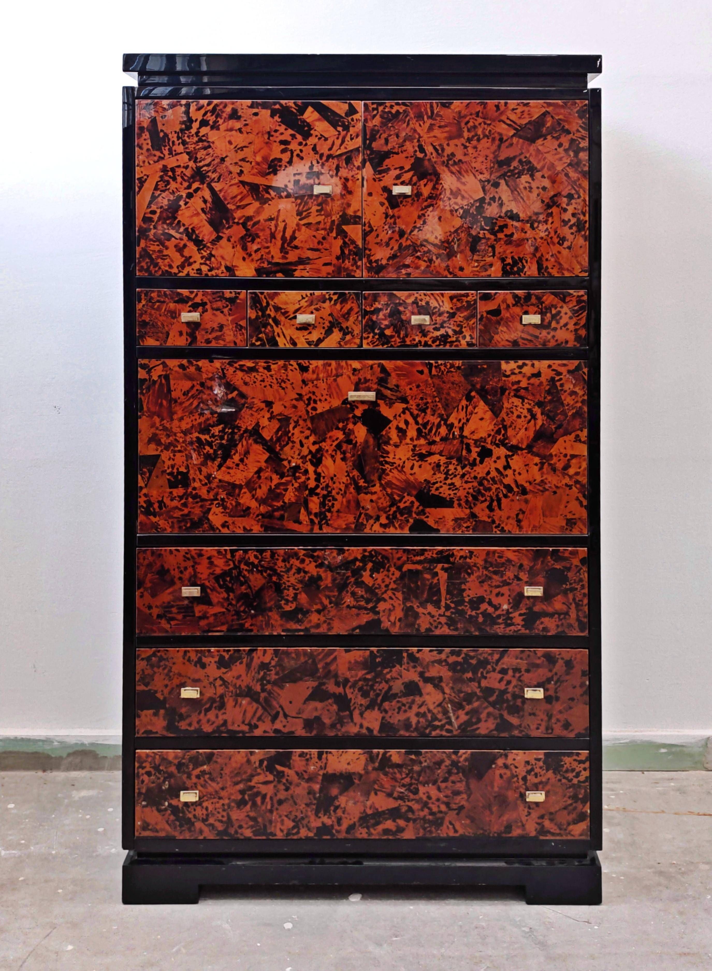 Mid Century Tall Boy or Secretary in tortoiseshell and lacquer by Ottini