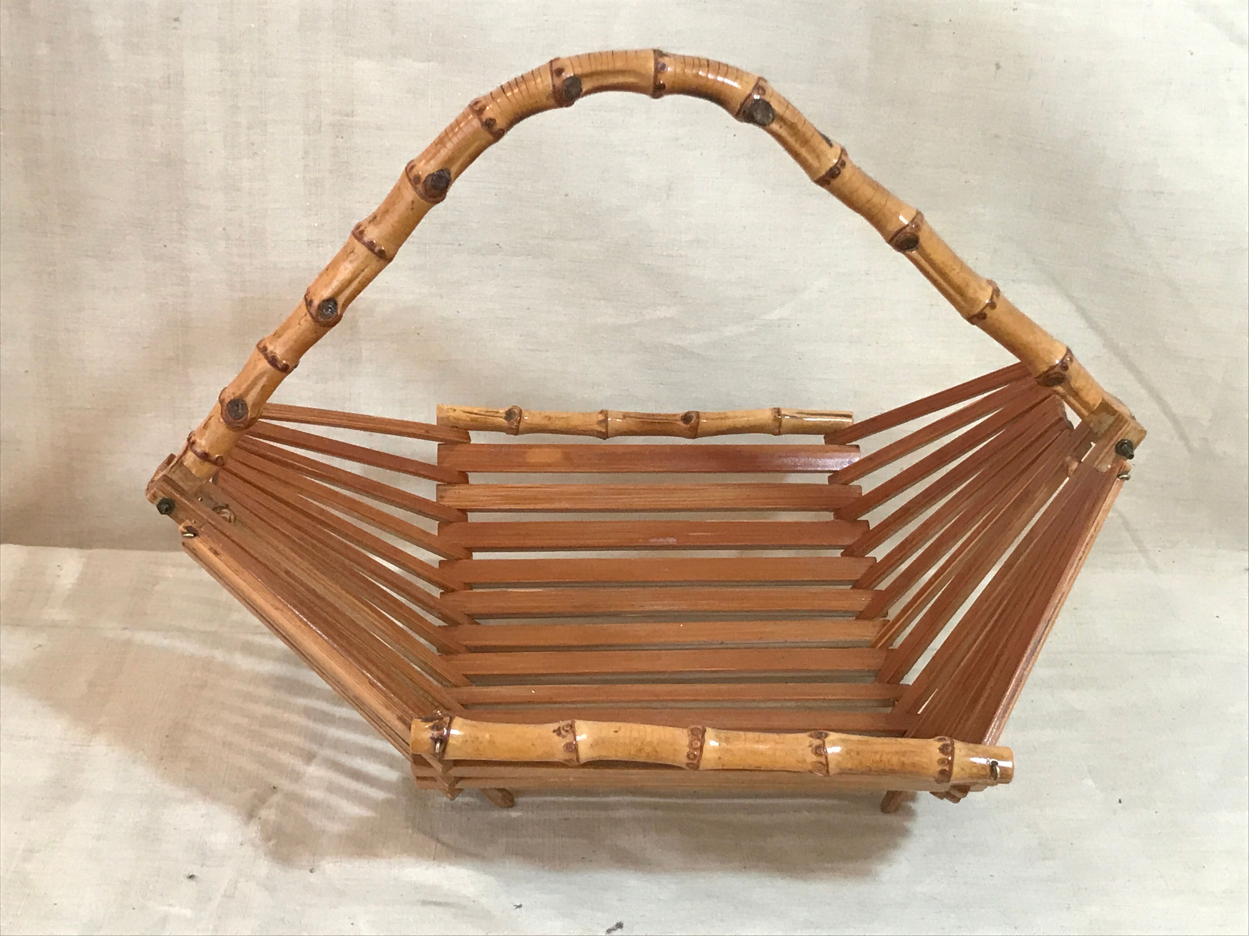 Basket fruit cut 1960 vintage bamboo rattan wicker