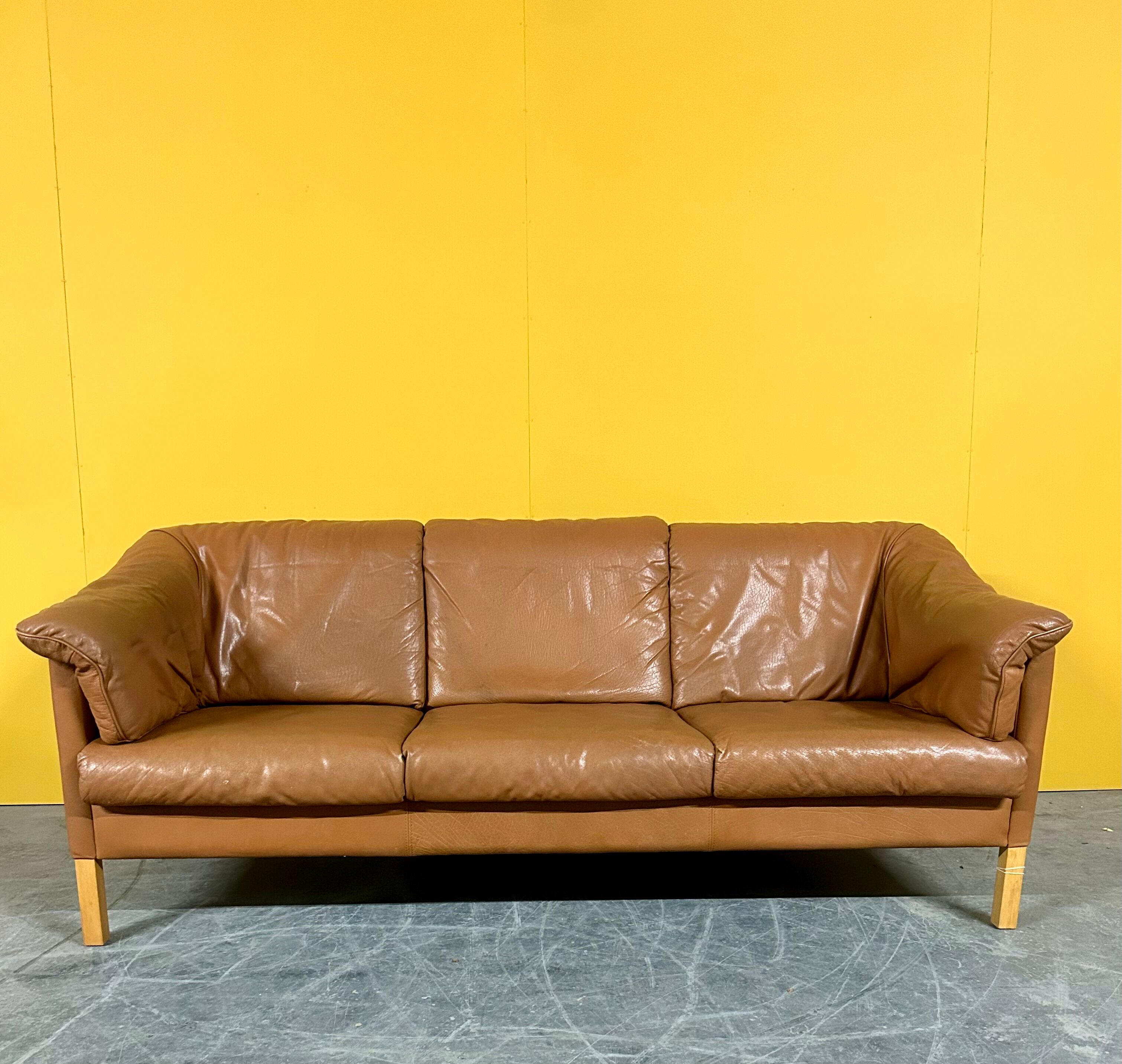 Danish three seater tan leather Stouby sofa