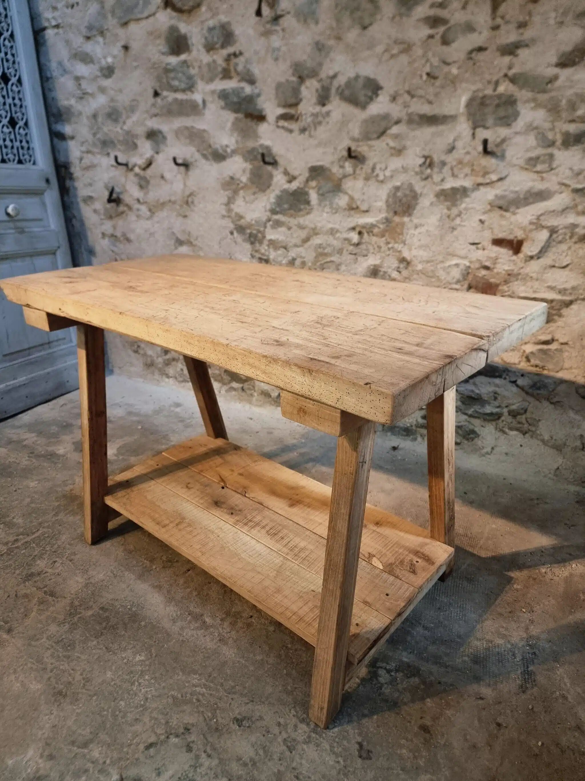 Old French work table / kitchen island / console, beech and chestnut, circa 1930–1950