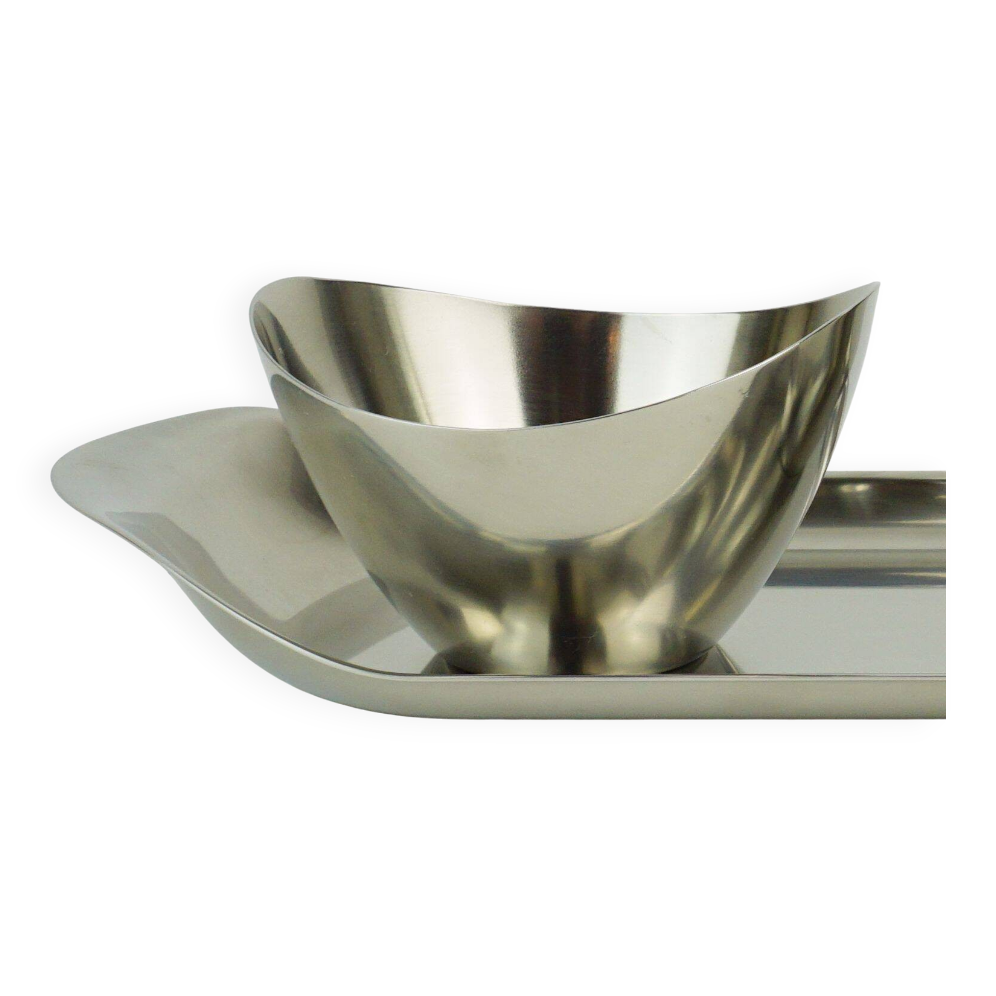Danish 3-piece set sugar bowl creamer and tray stainless steel