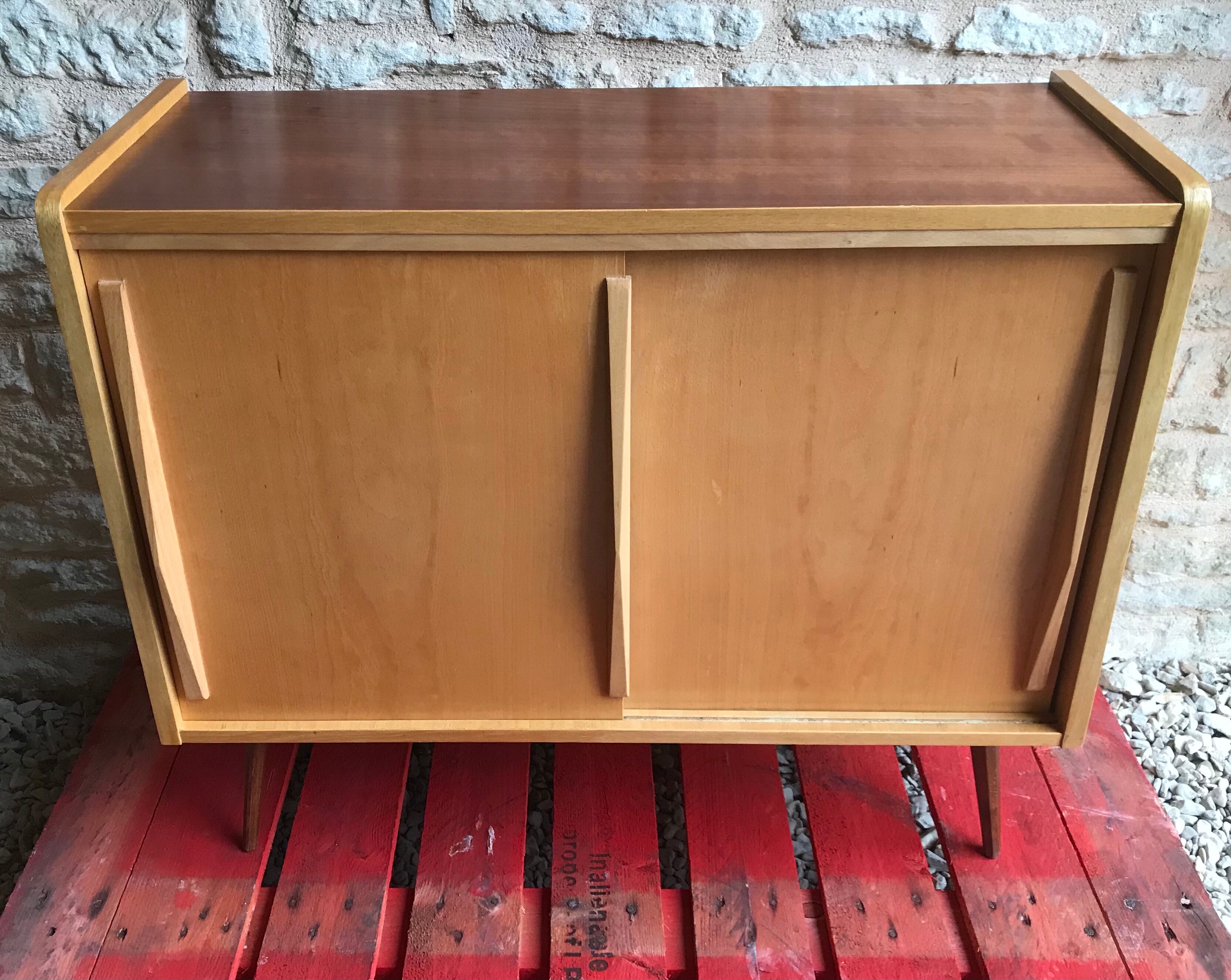 Vintage storage cabinet sliding doors feet compass