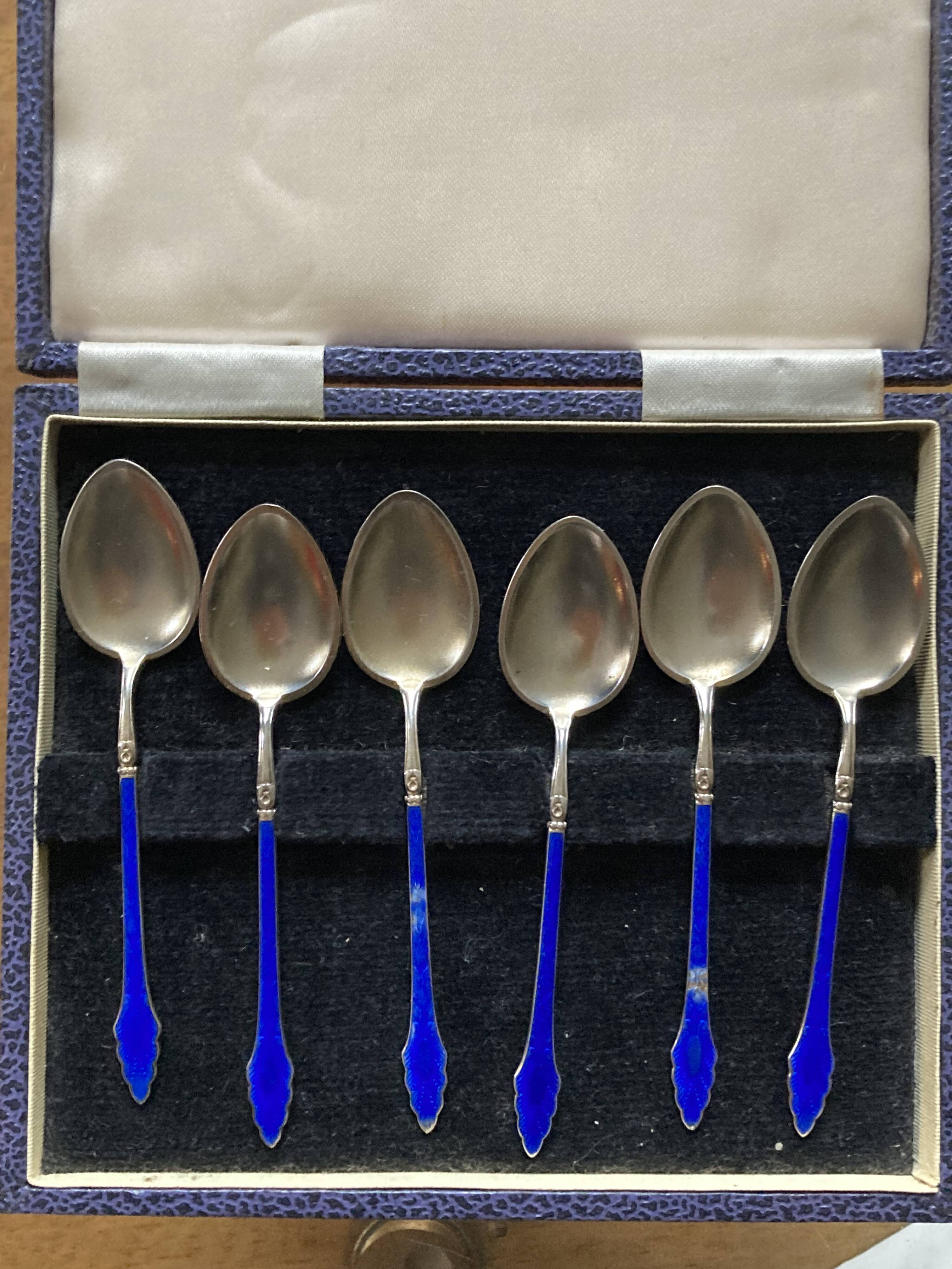 Coffee spoons late 19th century SOLID SILVER 995 3 hallmarks + ROYAL BLUE enamel ENGLISH origin