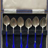 Cuillères à café fin XIX siècle ARGENT MASSIF 995 3 poinçons + émail BLEU ROI origine ANGLAISE
