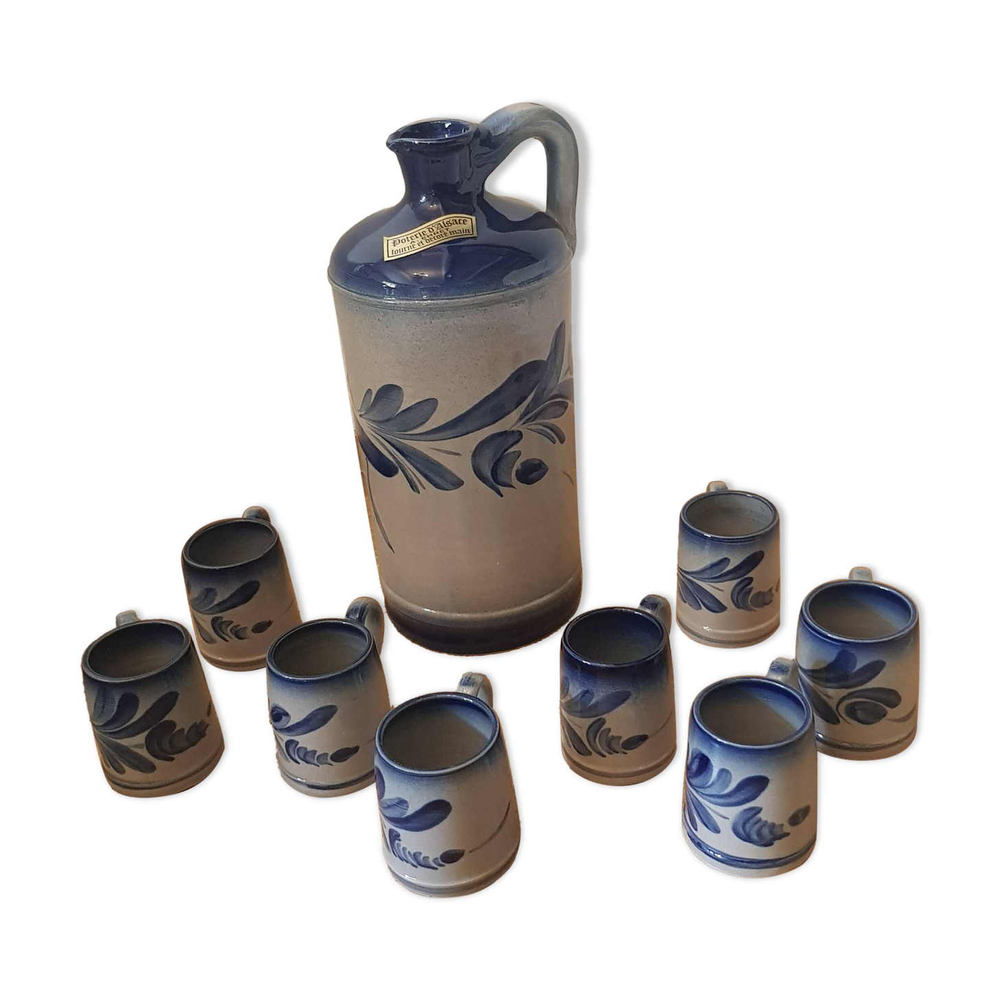 Pitcher and 8 mugs signed Anne Ehret in Alsace stoneware