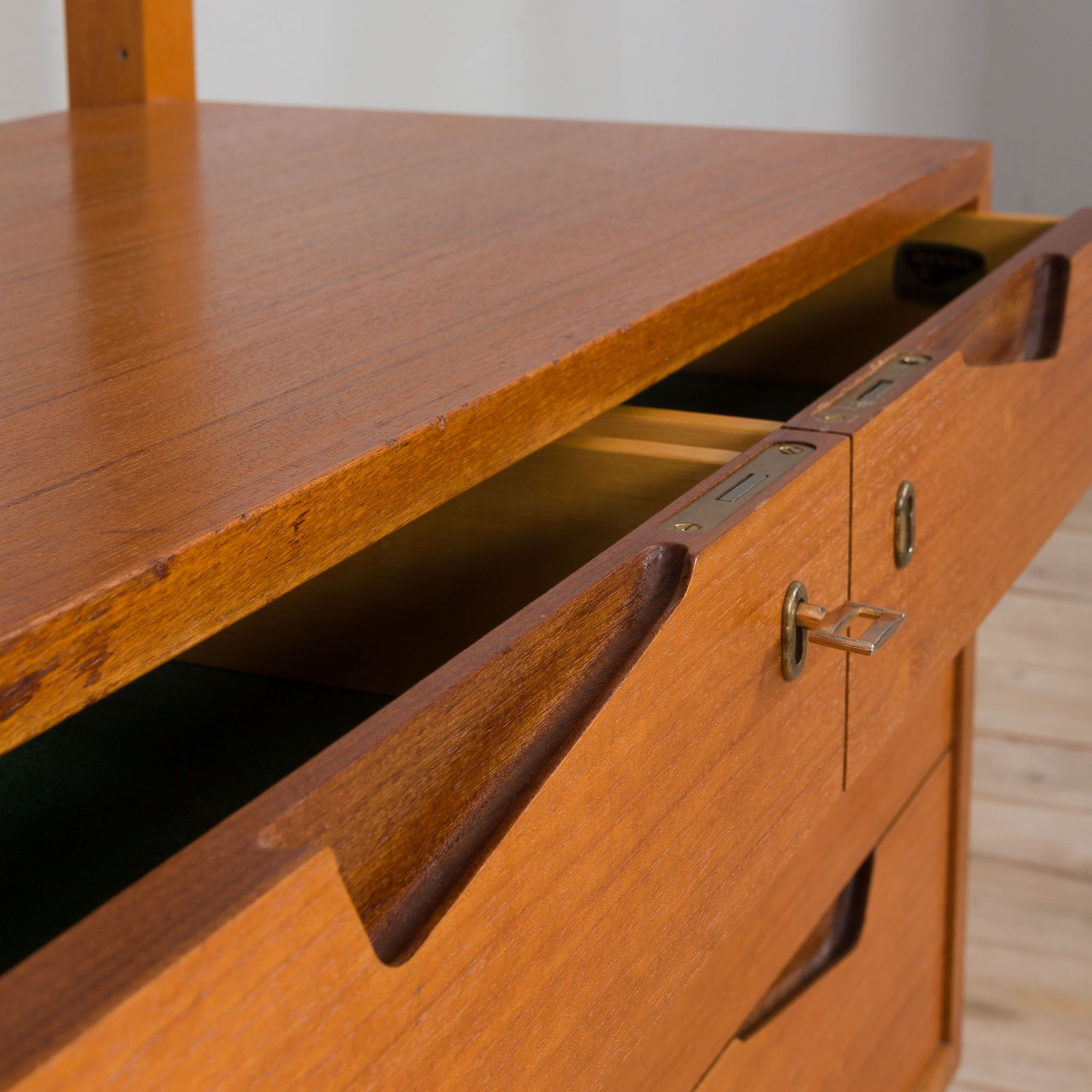 Rival 2 bay free standing teak wall unit with 3 cabinets and 3 shelves by Brodrene Jatogs Norway, Kj