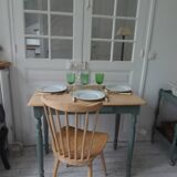 Table, desk Smoked green base, wooden top.