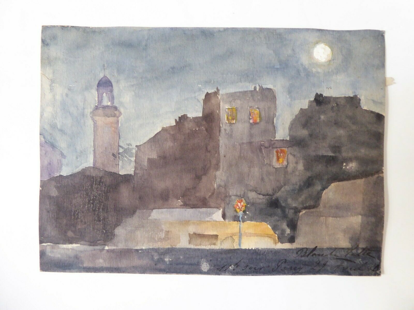 Aquarelle ancienne sur papier, paysage nocturne, XIXe Signé Blanche Gatte