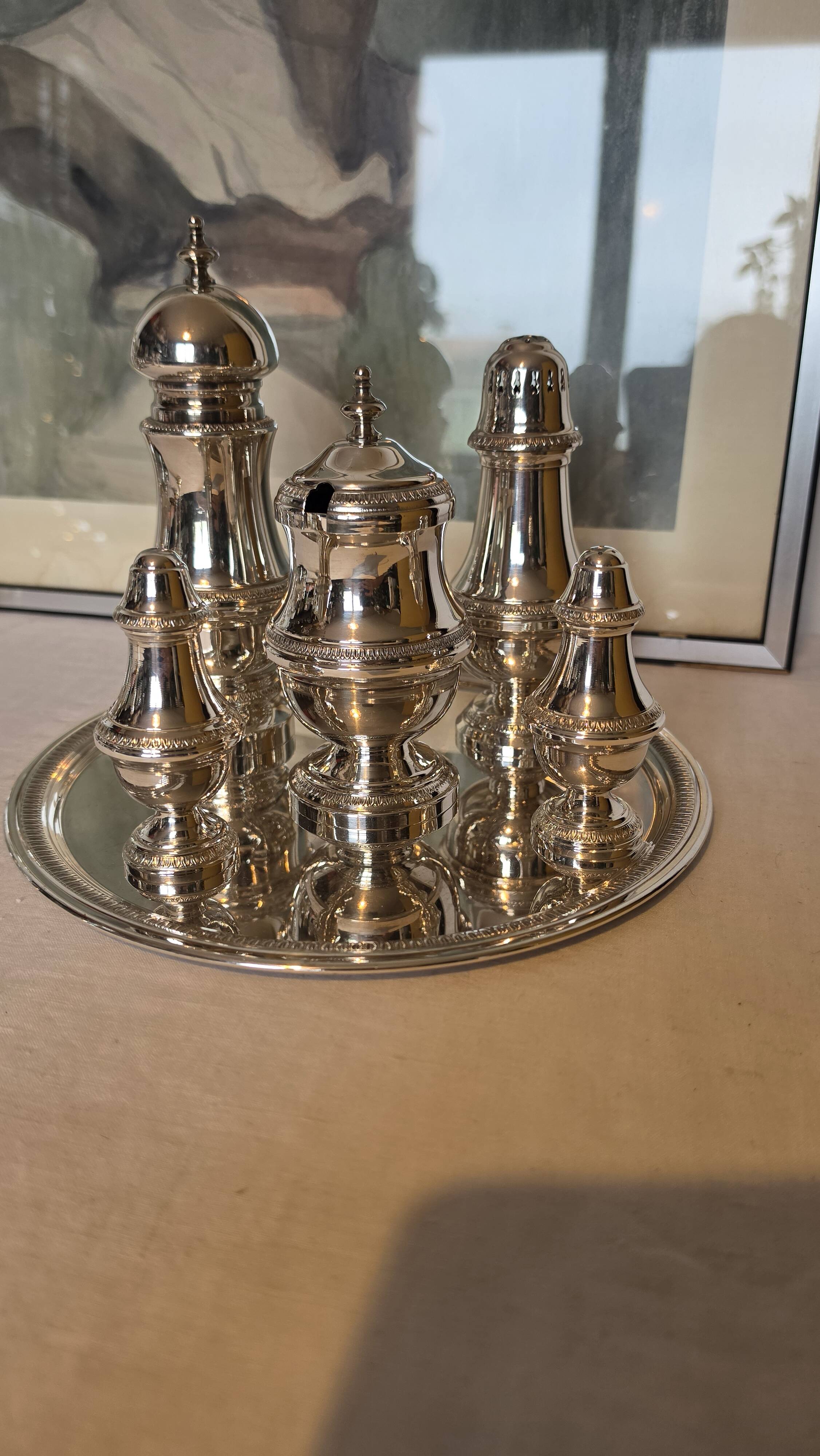 Exclusive 6-piece silver-plated spice service, classic Georgian style.