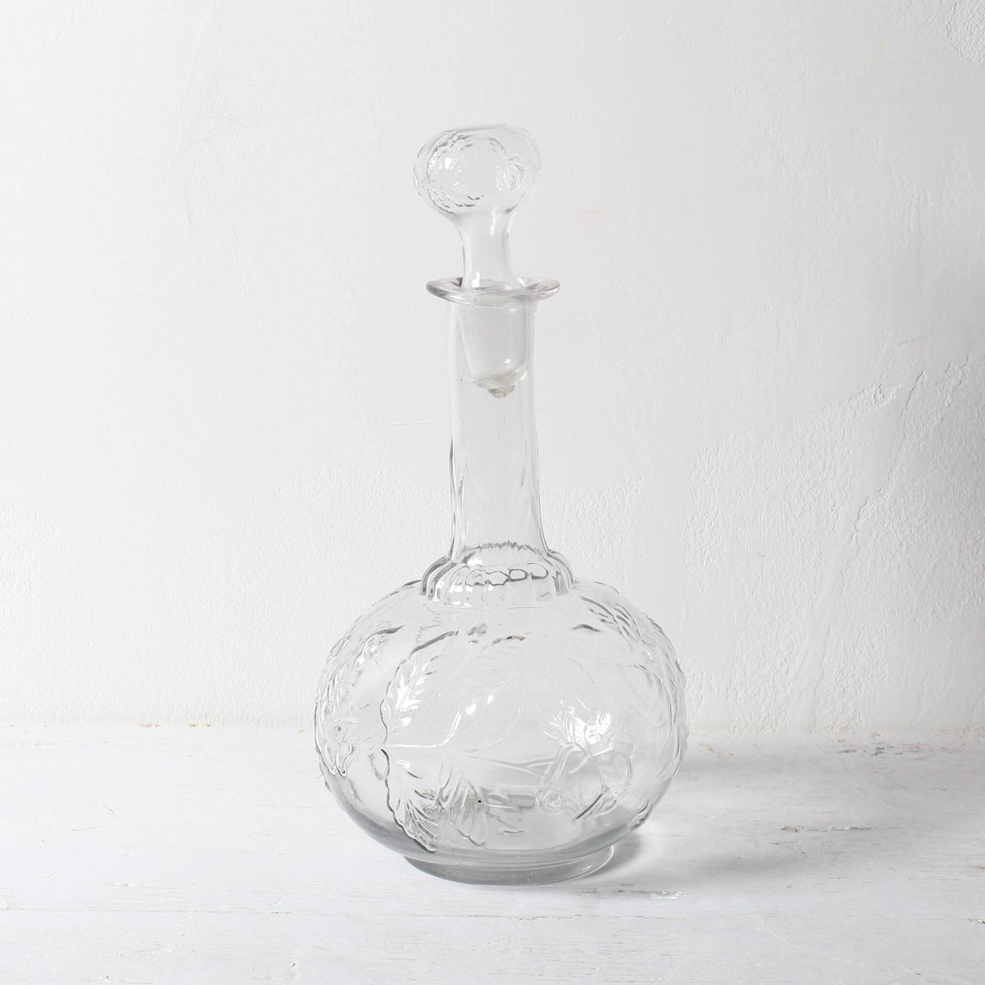Vintage Glass Decanter: Roses Patterned Wine Carafe, Empoli Italy 1950s