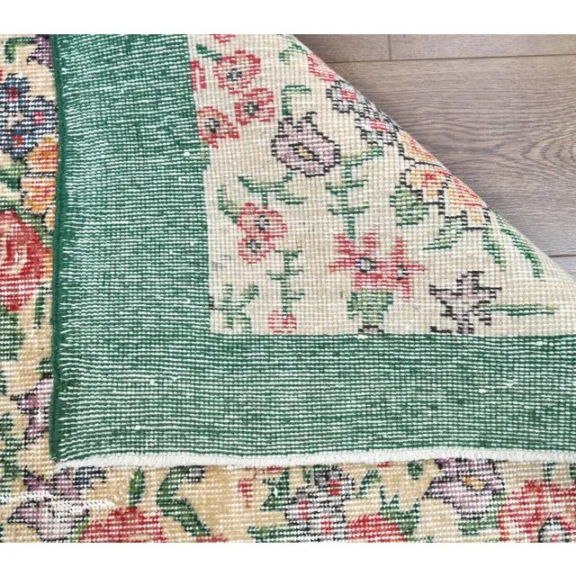 Turkish  Oushak vintage hand-knotted floral green rugs bordered 176x205