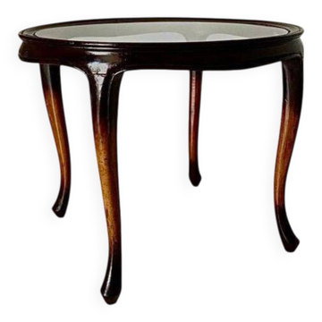 Table basse Art Déco française des années 1930, en bois de hêtre et verre, design courbé.