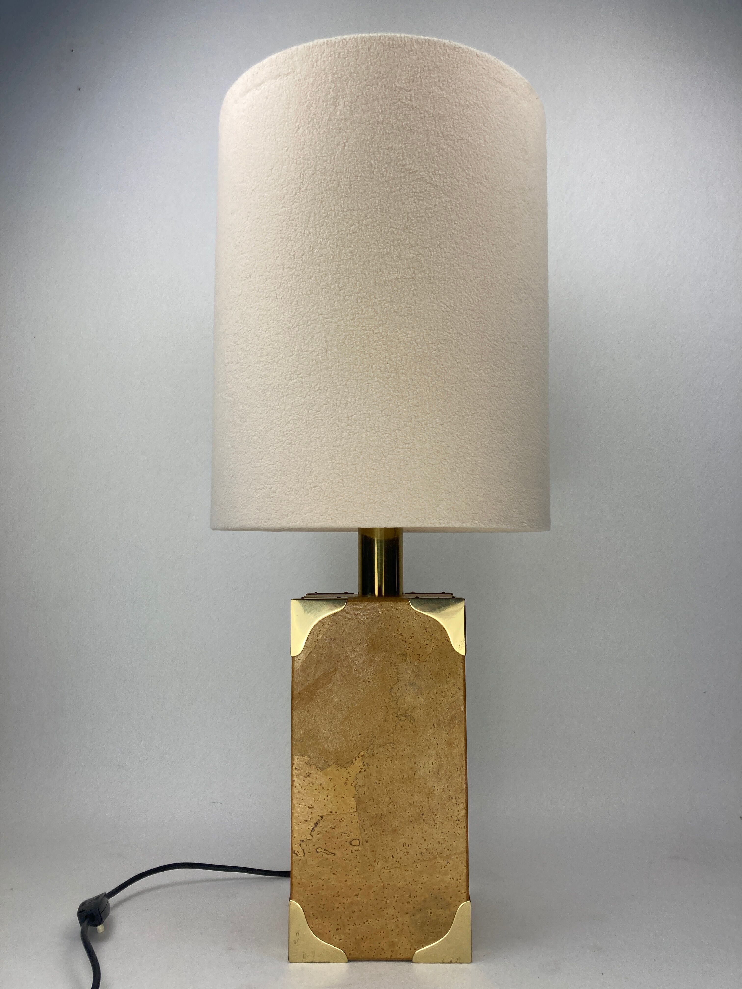 Cork and brass table lamp, bouclé shade. Leola Design Germany 1970s