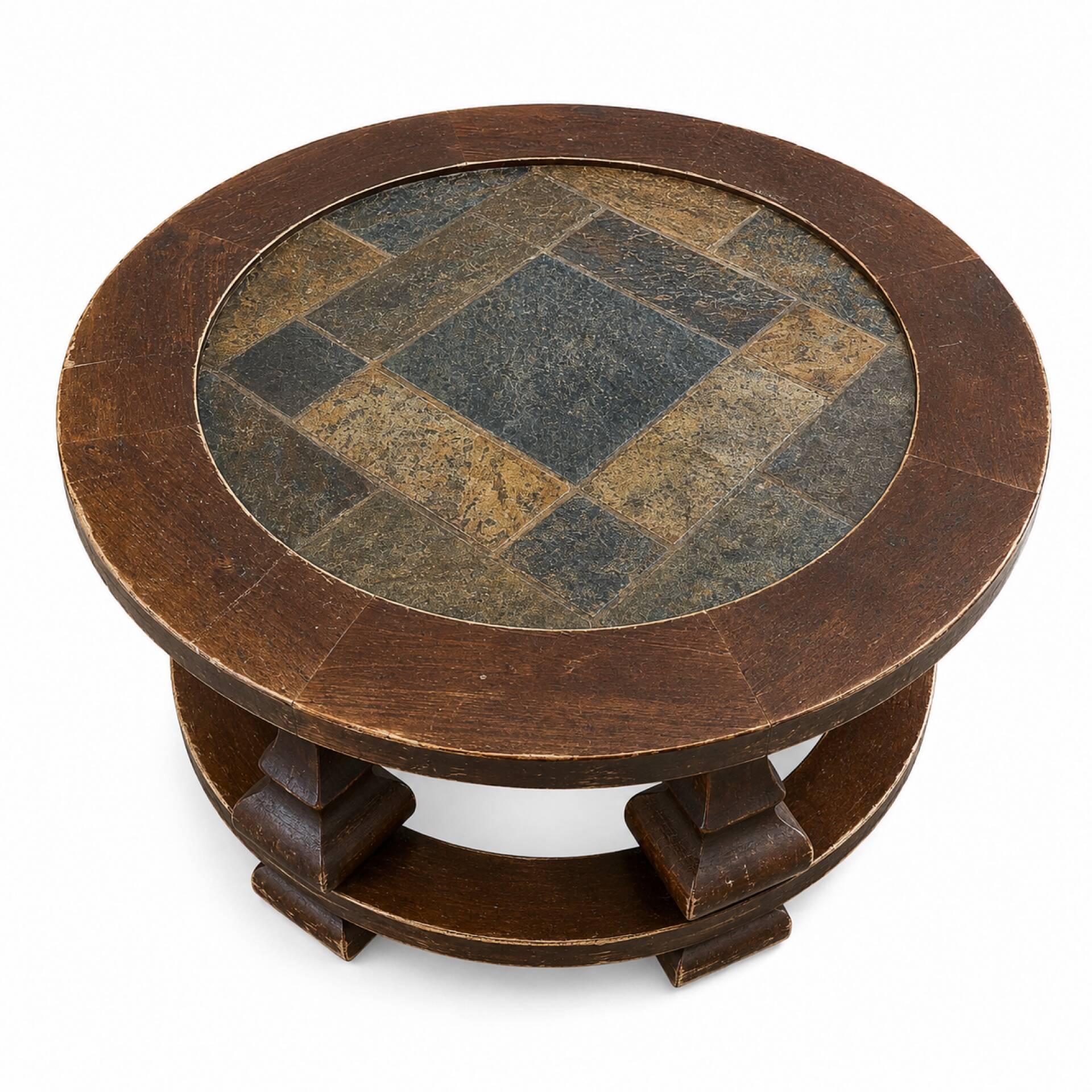 Round coffee table in stone and wood