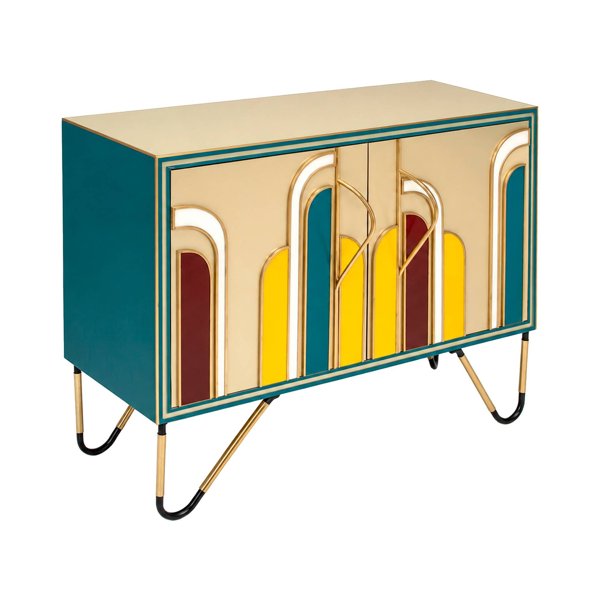 Mid-Century Modern Style Solid Wood and Colored Glass Italian Sideboard