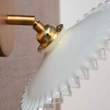 Golden articulated wall lamp, white opaline in pleated glass