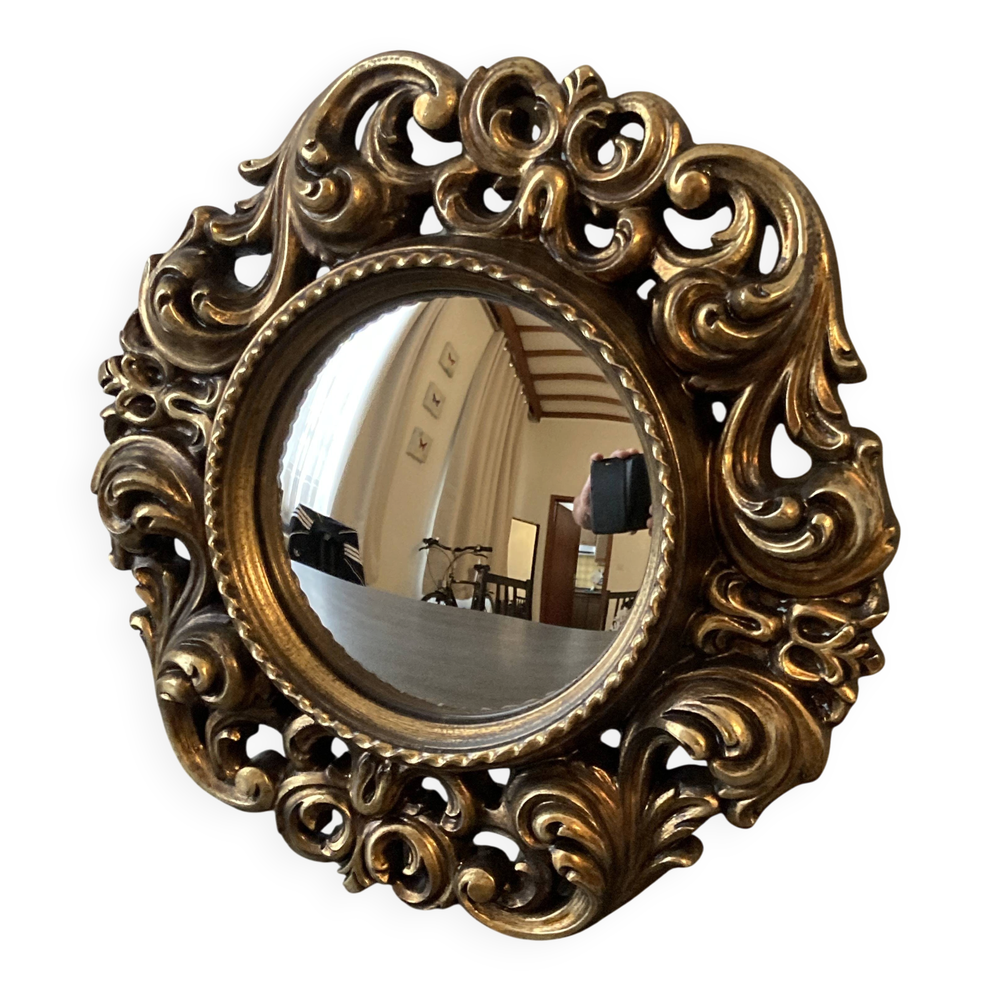 Vintage convex witch mirror – carved gilded wood – 1960s