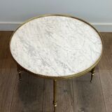 Neoclassical style round coffee table in brass with a white Carrara marble top from Jansen