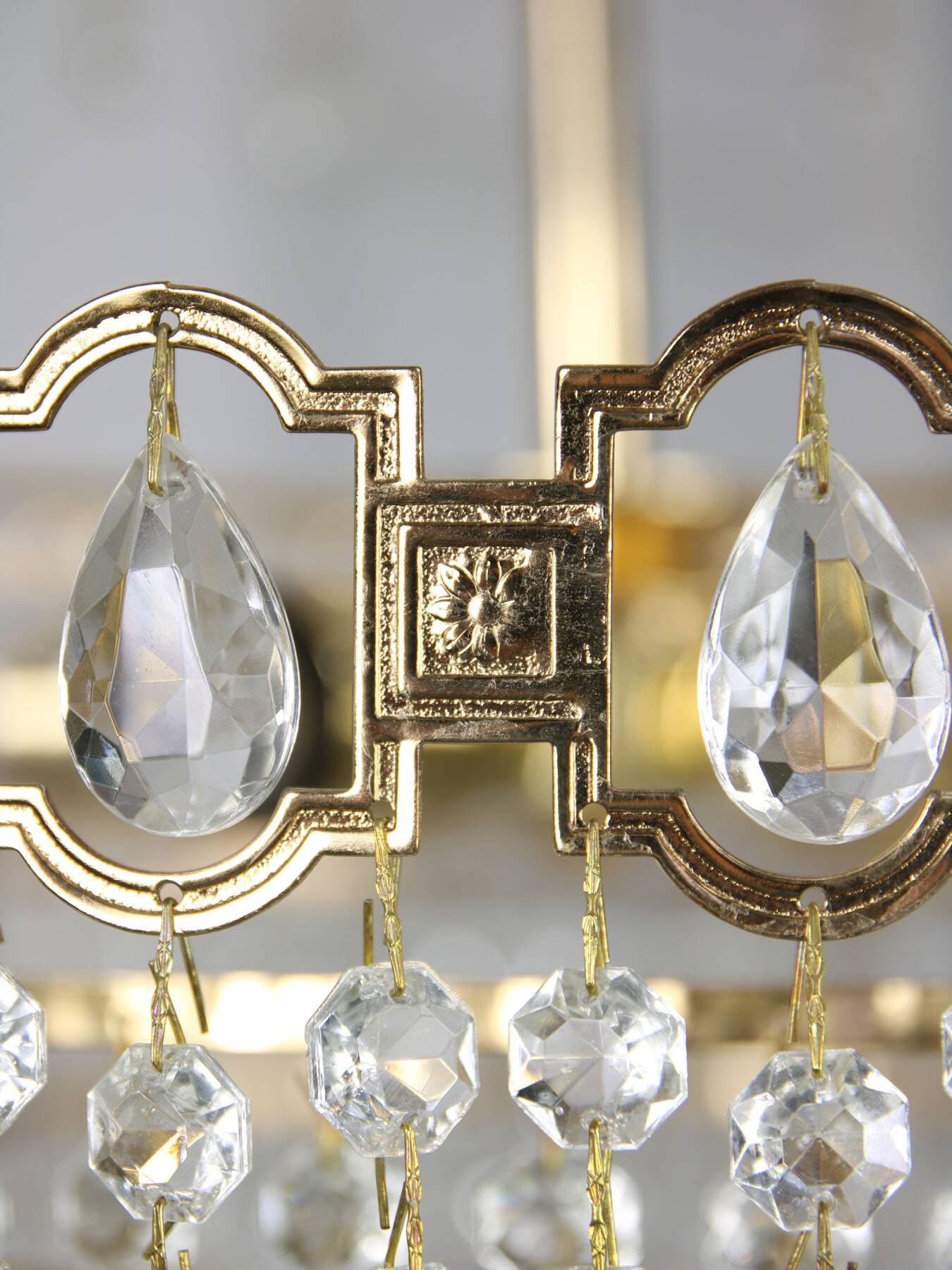Vintage Italian Crystal and Golden Metal Chandelier, 80s