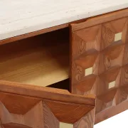 Contemporary Square Pattern Oak Wood, Brass and Travertine Top Italian Side