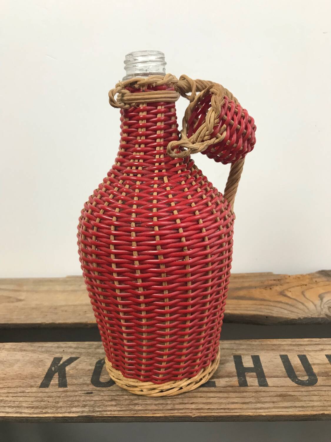 Bottle with rattan weaving and vintage scoubidou