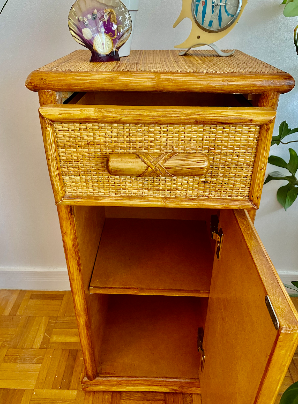 Vintage bedside table, bamboo rattan, late 1970