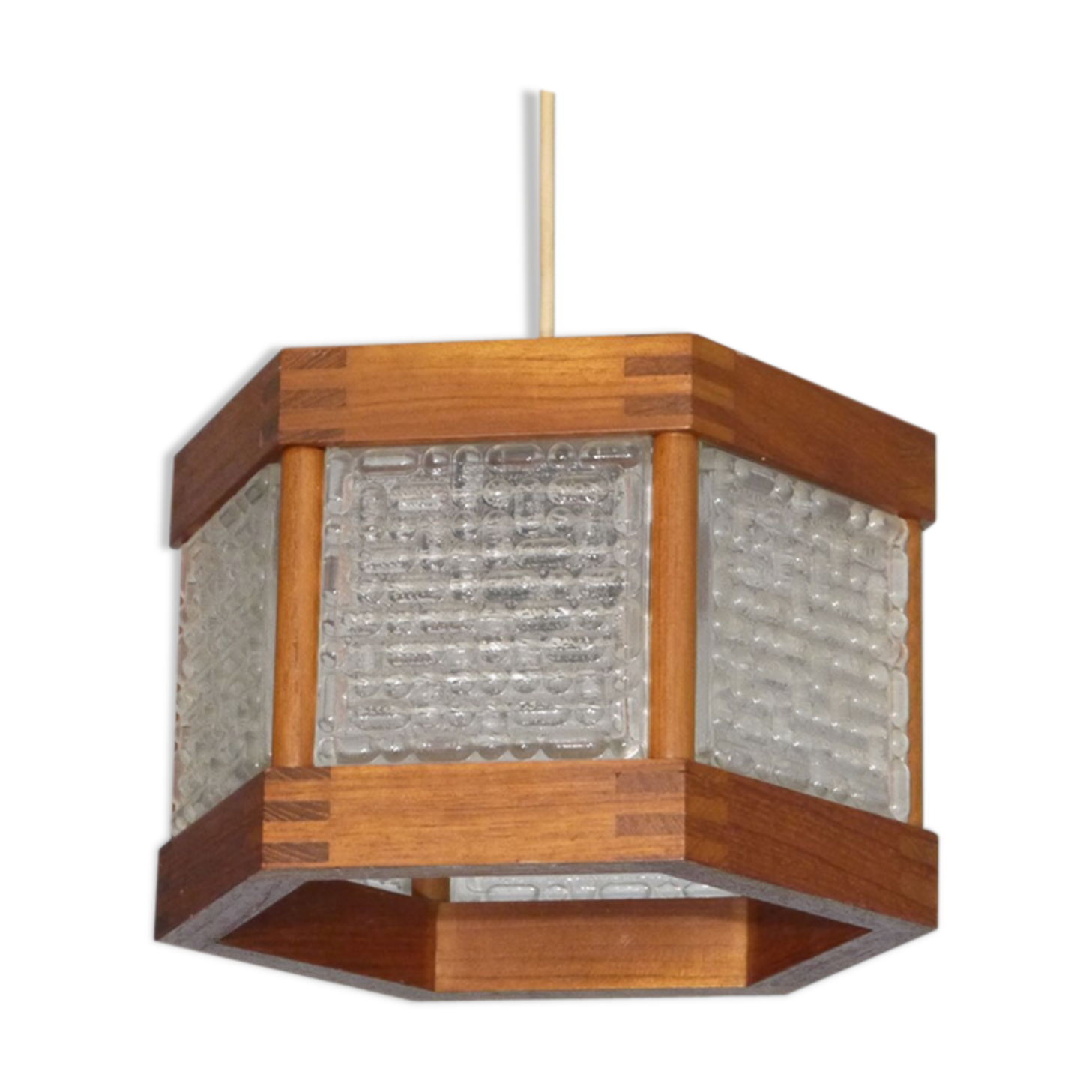 Scandinavian hanging lamp in teak and glass 1960