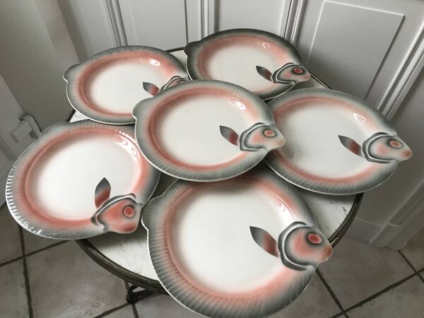 lot de 6 assiettes poisson en barbotine Digoin Sarreguemines années 50