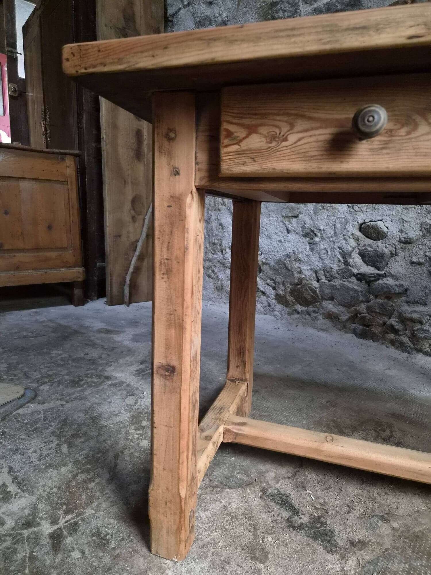 Vintage pine kitchen table or desk with two drawers – 1950s