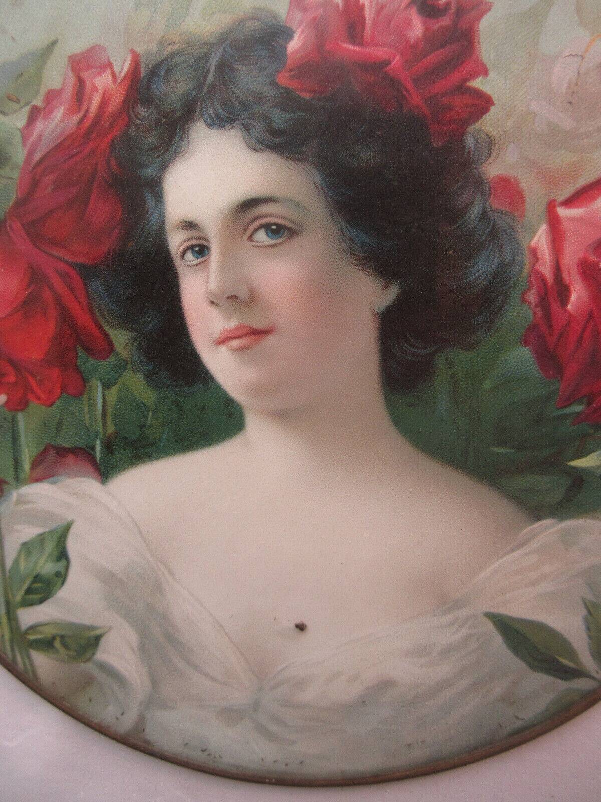 Round wall medallion frame, engraving of a woman with red roses, Art Deco