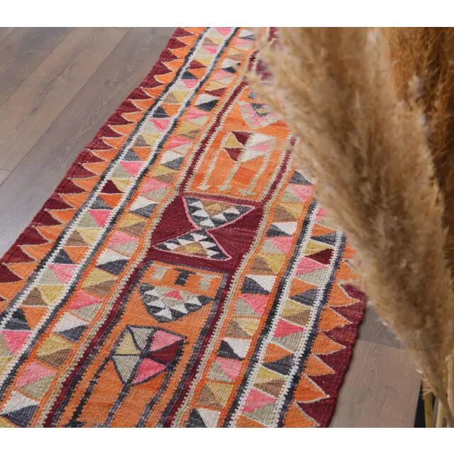 1970s Vintage Turkish Hand-Knotted Wool Cotton Orange Runner Rug 86x288