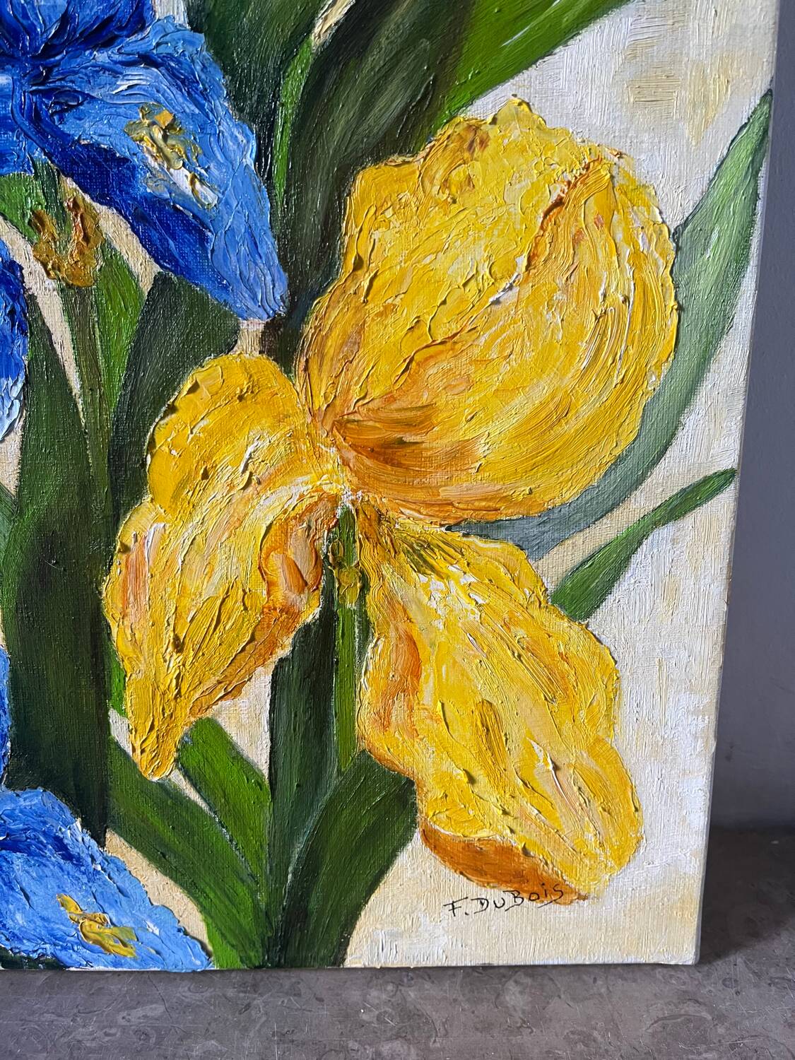 Blue and yellow irises, signed