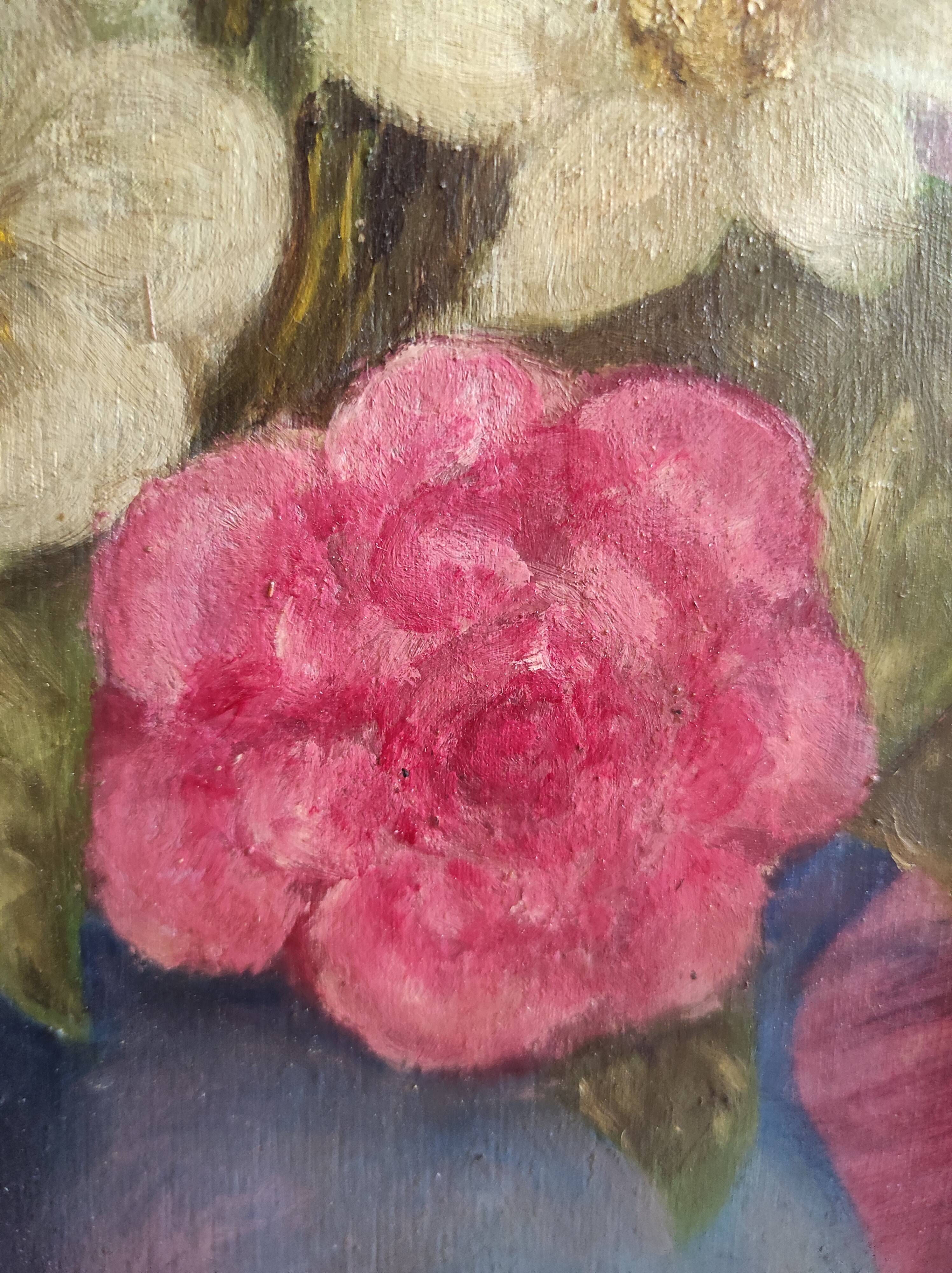 Vintage French oil painting of flowers, signed René