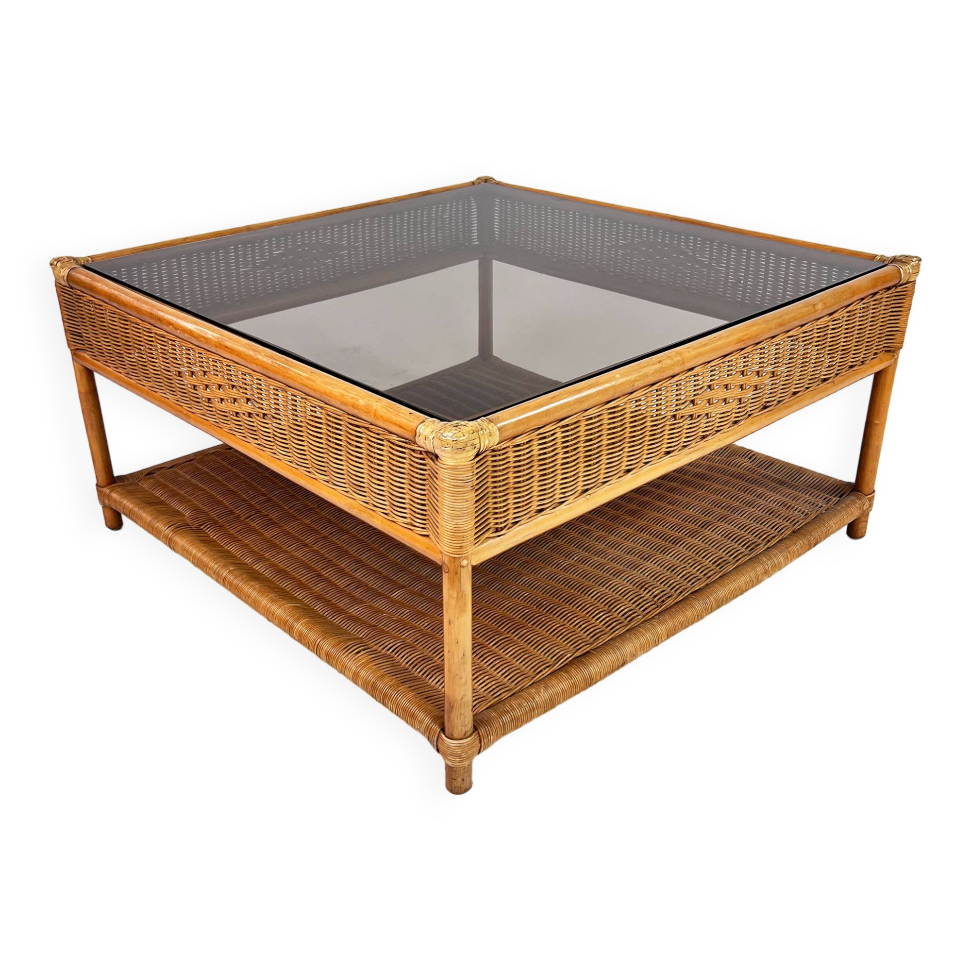 Bamboo and rattan coffee table with smoked glass top, 1970s