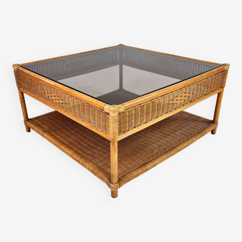 Bamboo and rattan coffee table with smoked glass top, 1970s