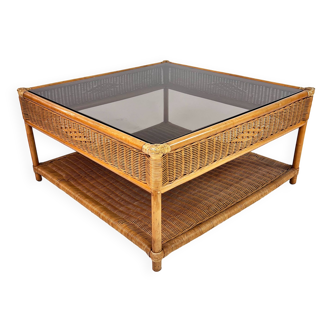 Bamboo and rattan coffee table with smoked glass top, 1970s