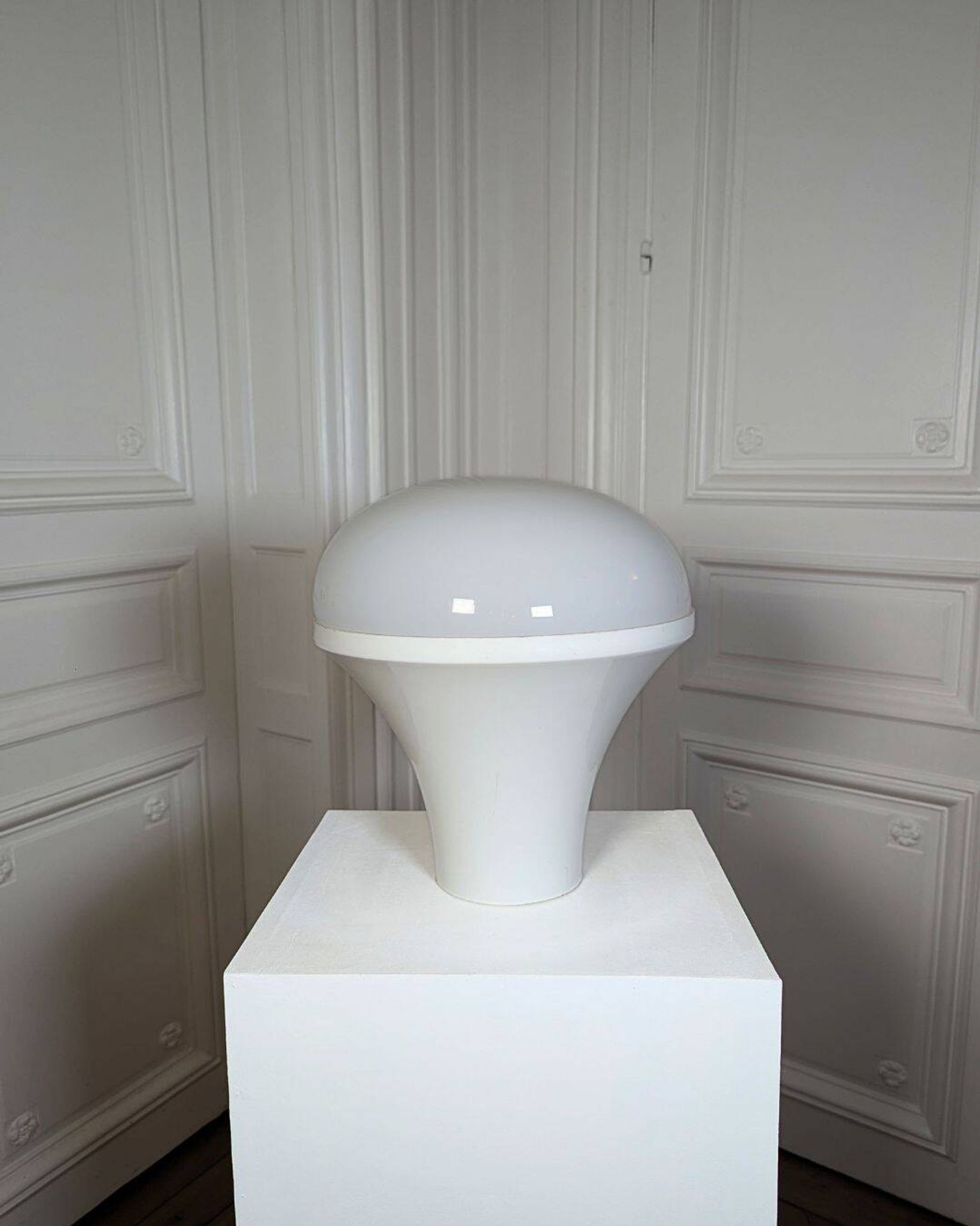 1970s “Mushroom” designer lamp in opaline glass and ABS base.