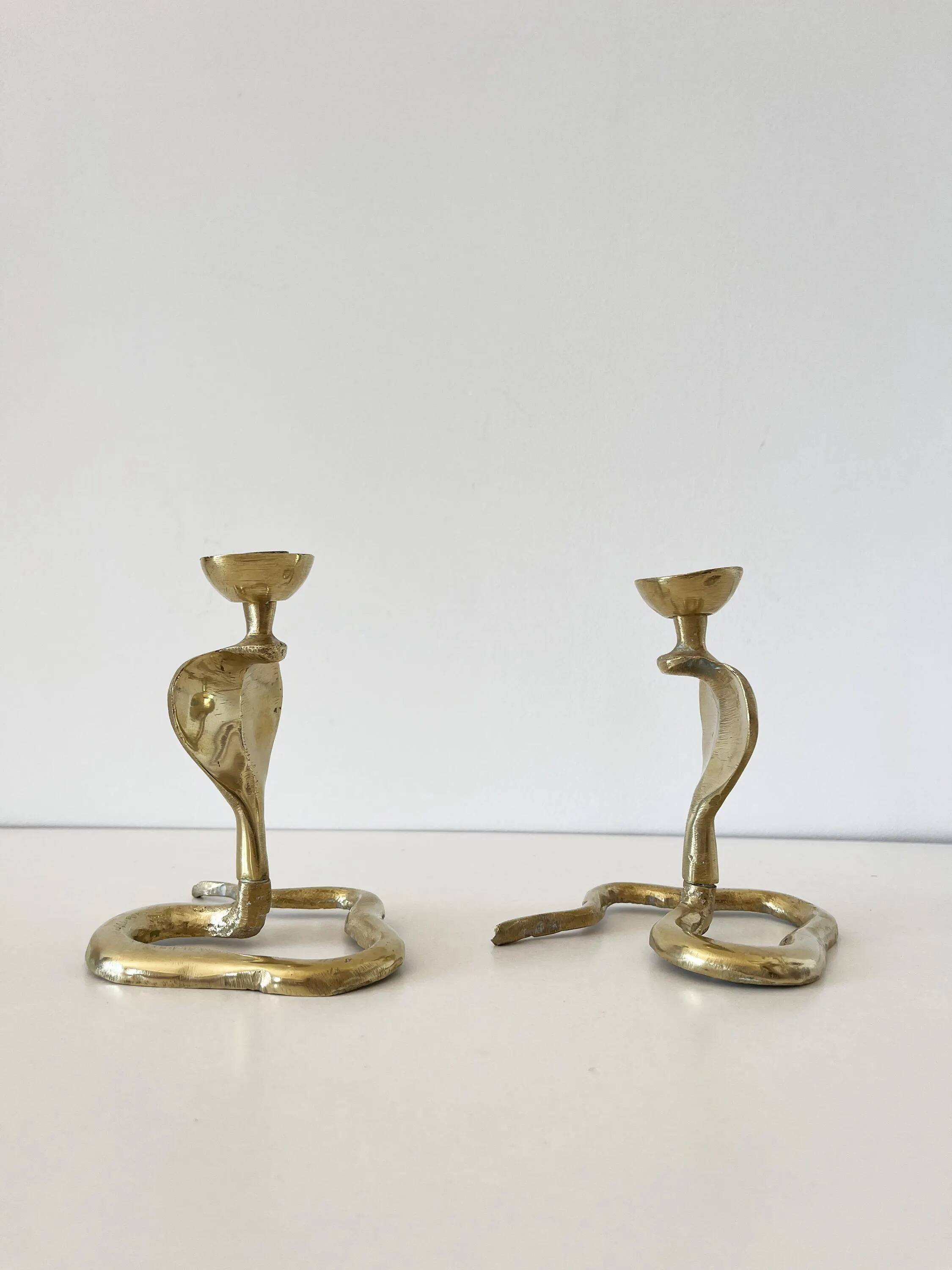 Pair of vintage brass snake candlesticks
