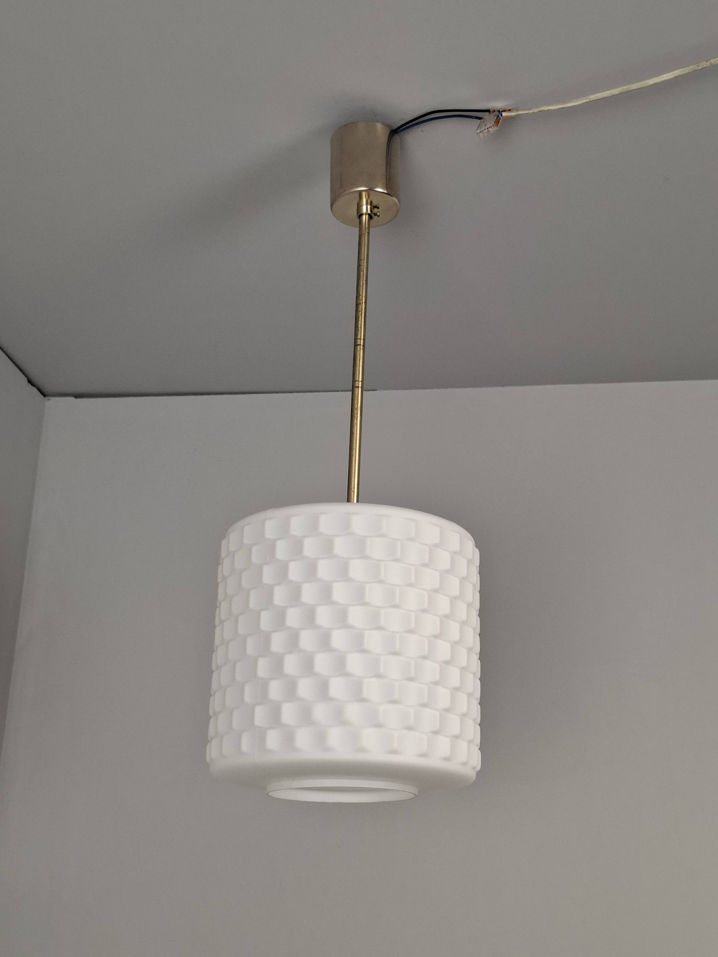 Czechoslovak Midcentury Modern Pendant Lamp in Textured Glass and Brass, 19